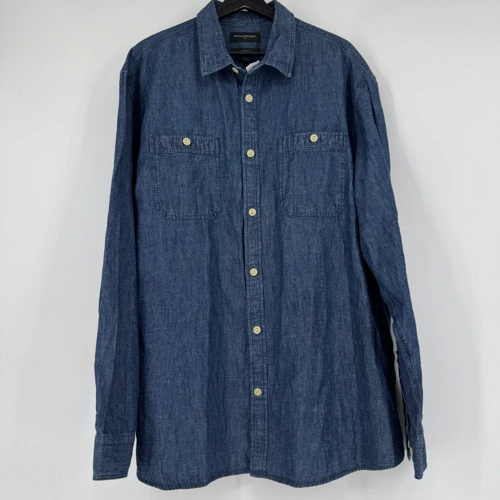 NEW Banana Republic Mens XXL Blue Denim Chambray Standard Fit Utility Shirt